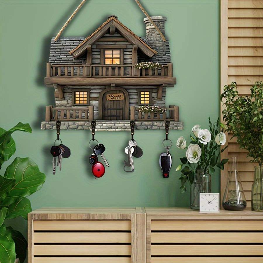 Charming Vintage Wooden Key Rack with 4 Metal HooksRustic Wall-Mounted Decorative Entryway Organi