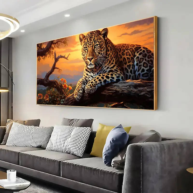 1pc Frameless Modern Abstract Canvas Painting Featuring a Sunset Leopard Design in Golden Suitable f