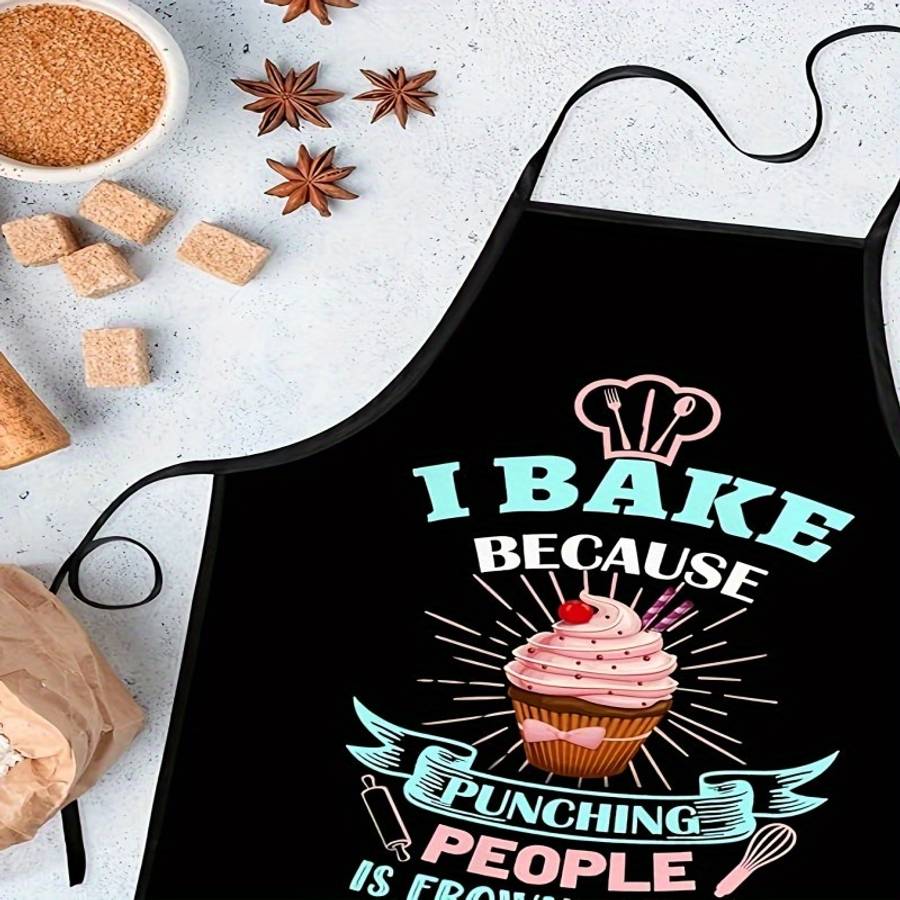 Funny Baking Apron with I Bake Because Punching People Is Frowned Upon Slogan Cupcake