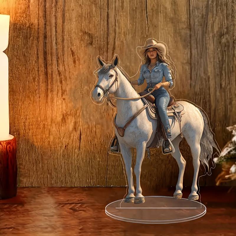 1pc 2D Flat  Acrylic Cowboy Riding Horse Statue Classic Western Style Transparent Collectible No