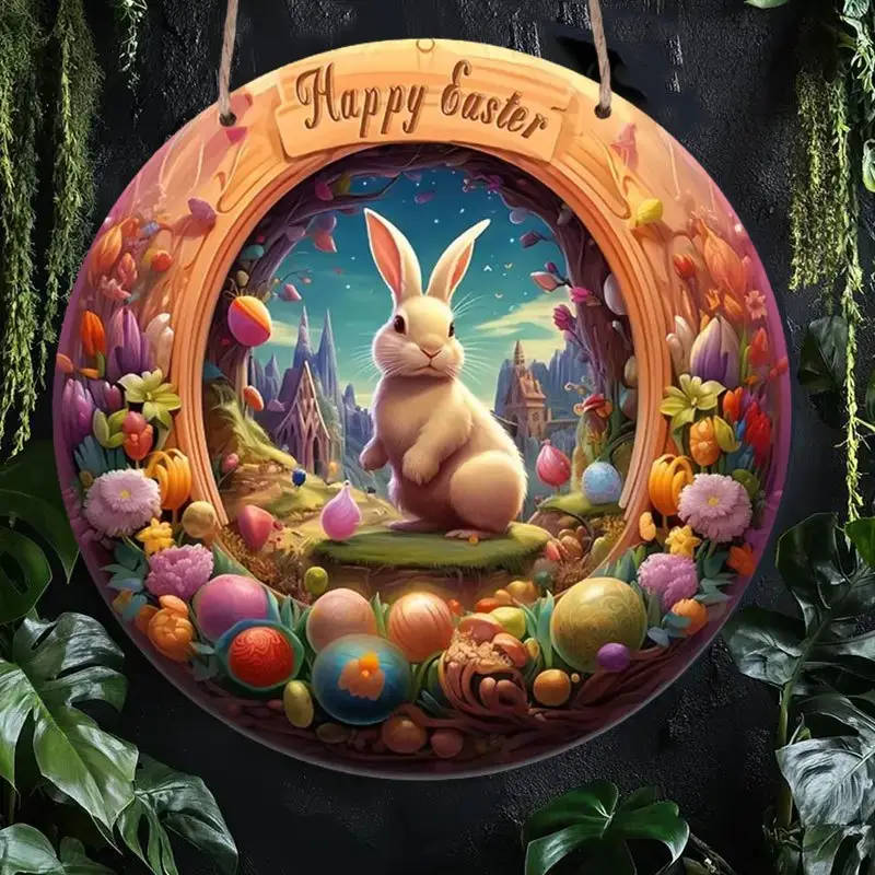 1pc Happy Easter Floral Round Wooden Sign Perfect for Outdoor Home Office Bar Kitchen Decor Gift for