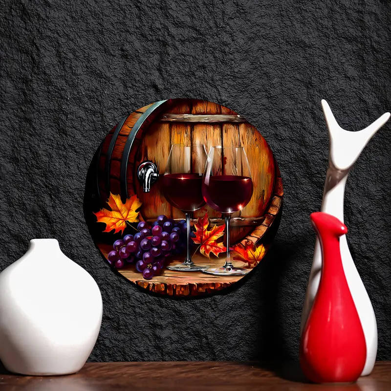 1pc Grapes and Red Wine Theme Decorative Painting Theme Round Aluminum Sign Wall Art Diameter 18.46c