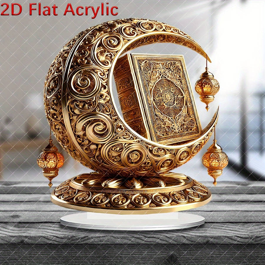 2D Flat Boho Style Golden Moon With Quran Acrylic Suncatcher 20.98Cm X 19.81Cm Multifu