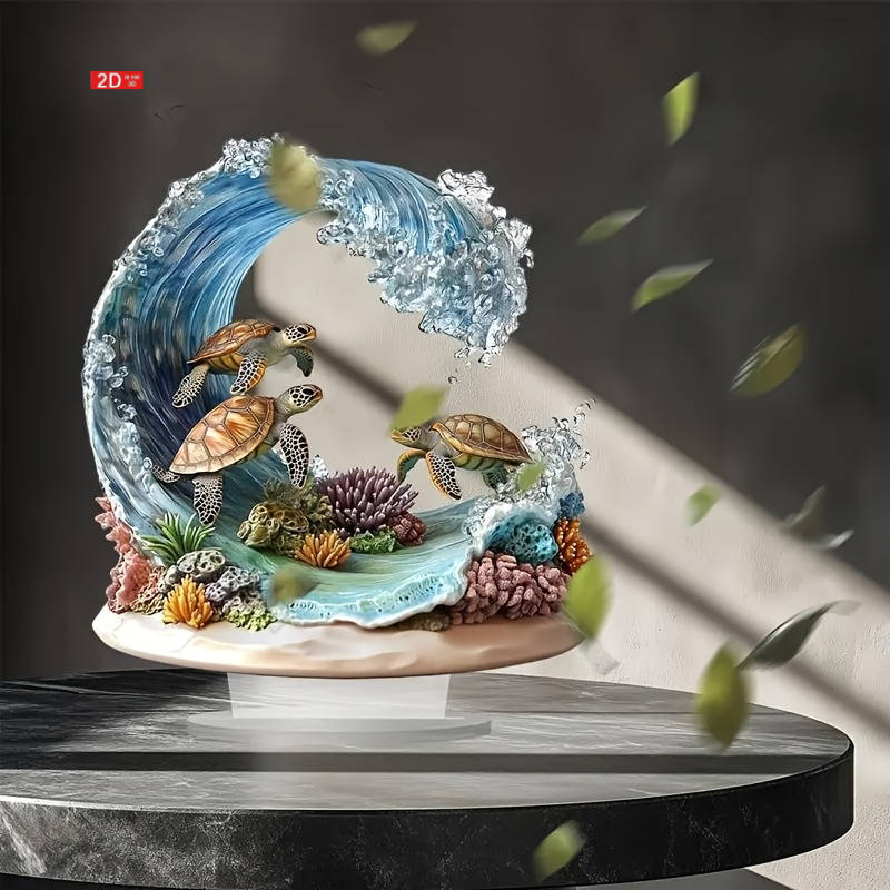 1pc 2D Flat  Bohemian Style Crystal Sea Turtle Wave Decor Plaque Vibrant Oceanic Scene with Color