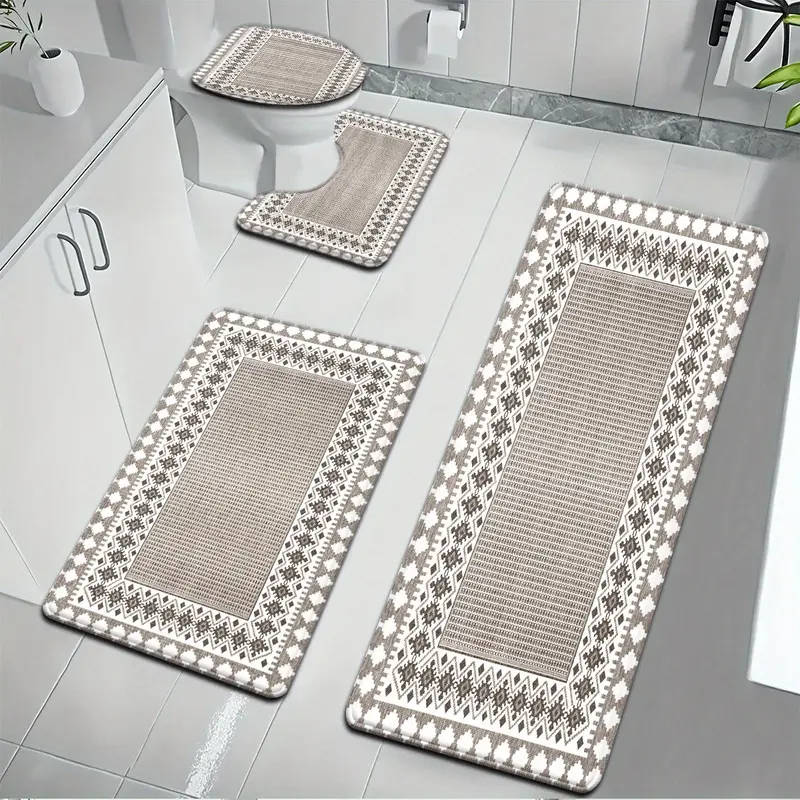 4-Piece Nordic Peach Diamond Check Bathroom Mat Set