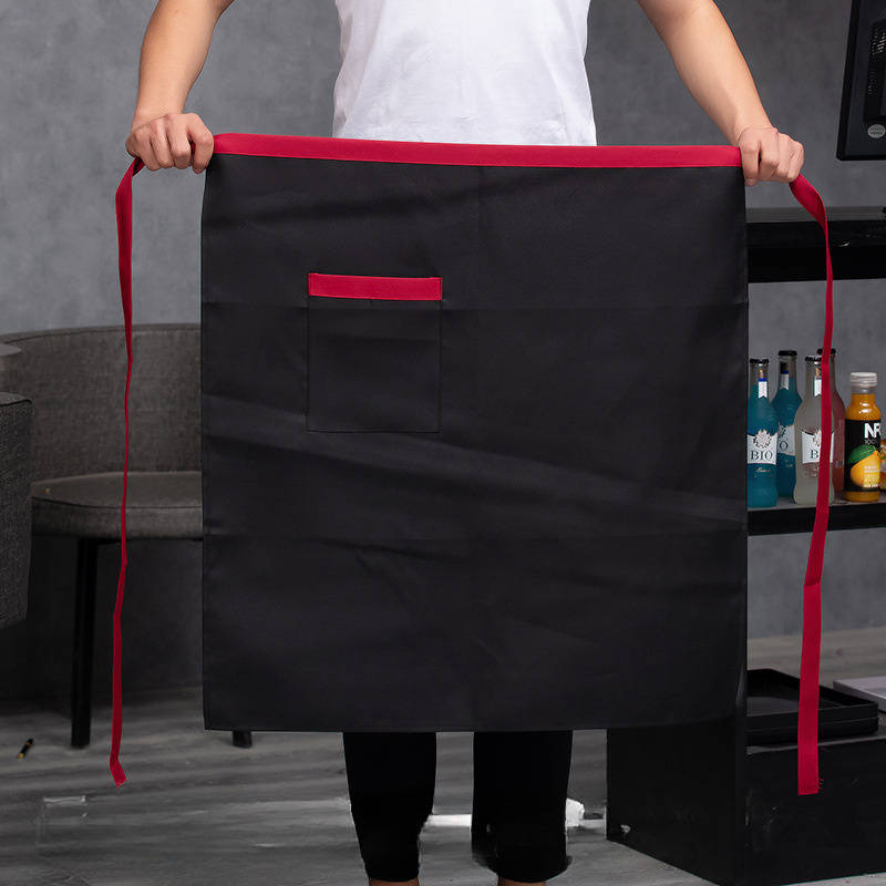 1pc Men's Black Canvas Chef Apron with Red Stripe Half-Length Server Kitchen Work Apron Durabl