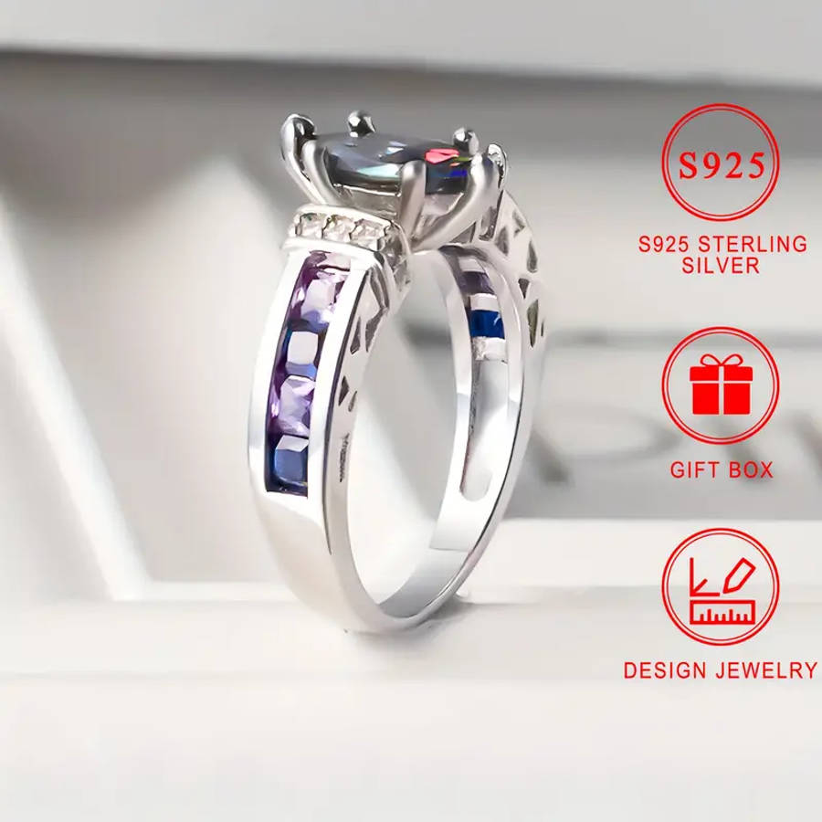 Colored Synthetic Zirconia Ring in Horse Eye Shape S925 Silver