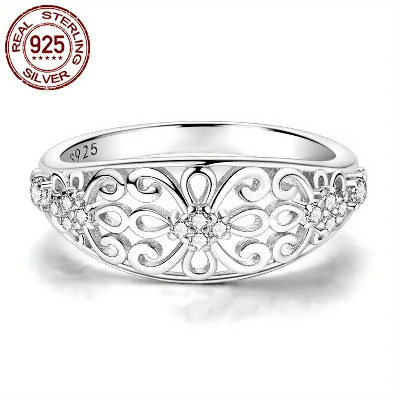 925 Sterling Silver Vintage Hollow Flower Pattern Inlay Zirconia Ring
