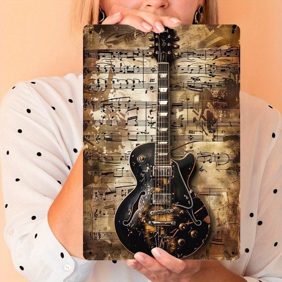 Room Decor  Vintage Iron Sign Guitar Musical Instrument Theme Retro Wall Decor 2D Flat P
