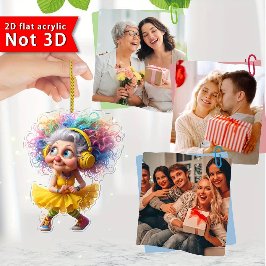 1pc 2D Flat    Acrylic Pendant Whimsical Bohemian Grandma Charm with Colorful Hair Headpho