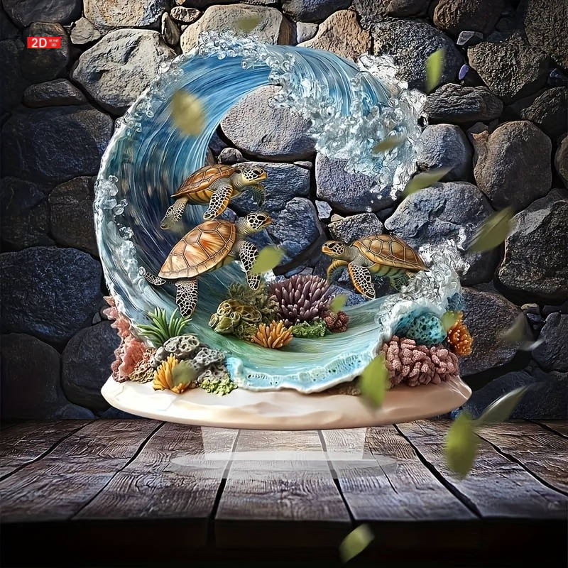 1pc 2D Flat  Bohemian Style Crystal Sea Turtle Wave Decor Plaque Vibrant Oceanic Scene with Color