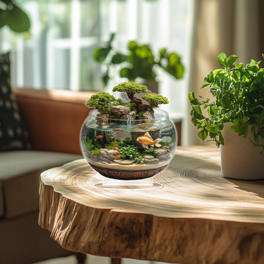 1pc 2D Flat  Acrylic Trim 8-Inch Glass Container with Golden Fish and Artificial Mountain Landscape