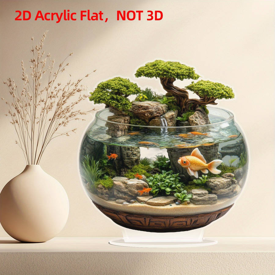 1pc 2D Flat  Acrylic Trim 8-Inch Glass Container with Golden Fish and Artificial Mountain Landscape