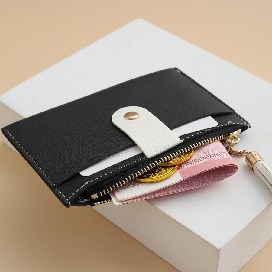 1pc Sleek Black Zipper Card Holder with Multiple Slots Tassel Charm Golden-Tone Accents C Li