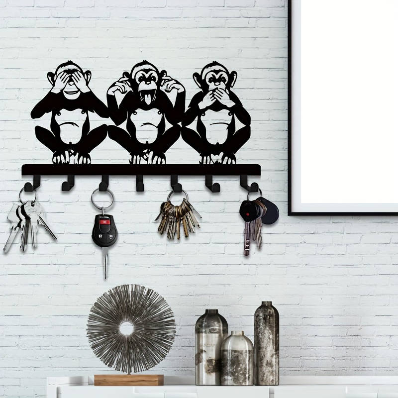 Charming Three Monkeys Metal Wall Art with Key HookEasy to Install Suitable for Jacket