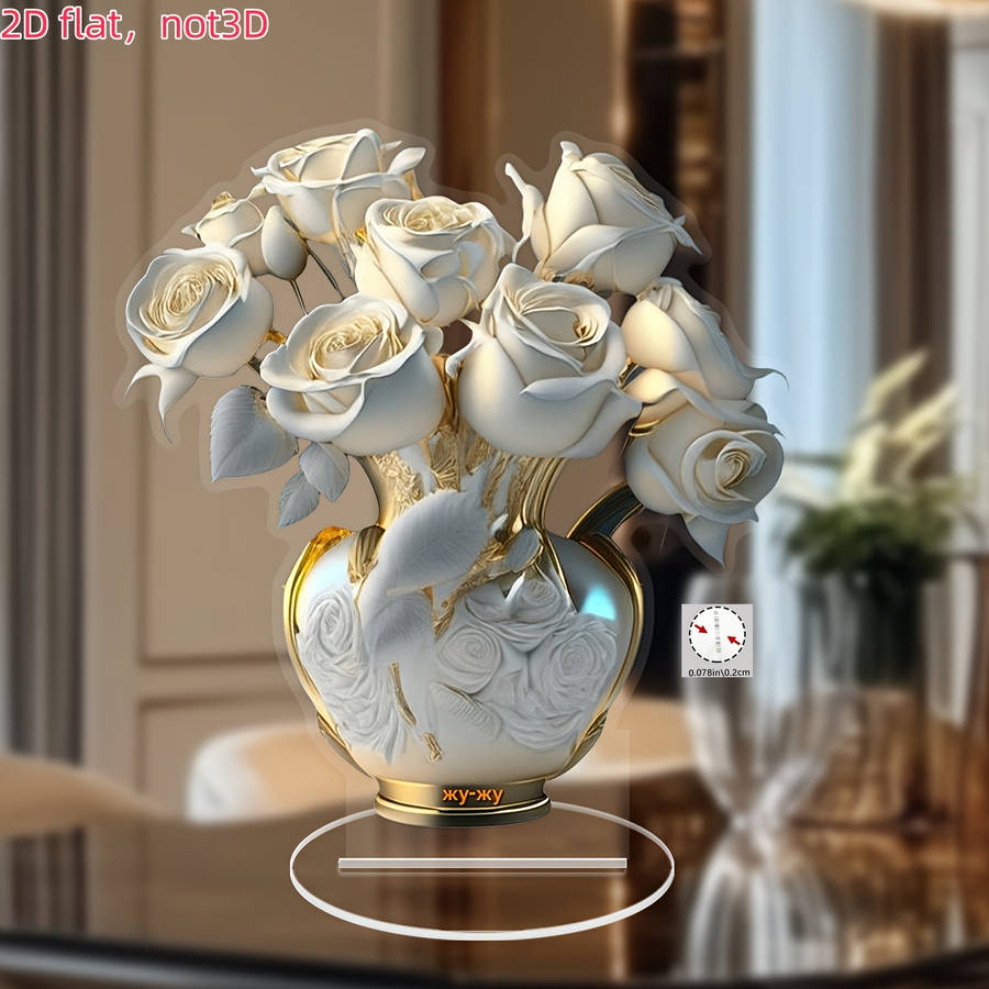 2D Flat Elegant Acrylic White Rose Desktop Decor With Golden Vase 18.01Cm X 16.69Cm Flora