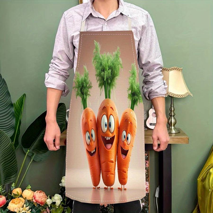 1pc Fun Carrot Print Apron 100% Linen Durable Comfortable 170gsm Woven Kitchen Apron for Co