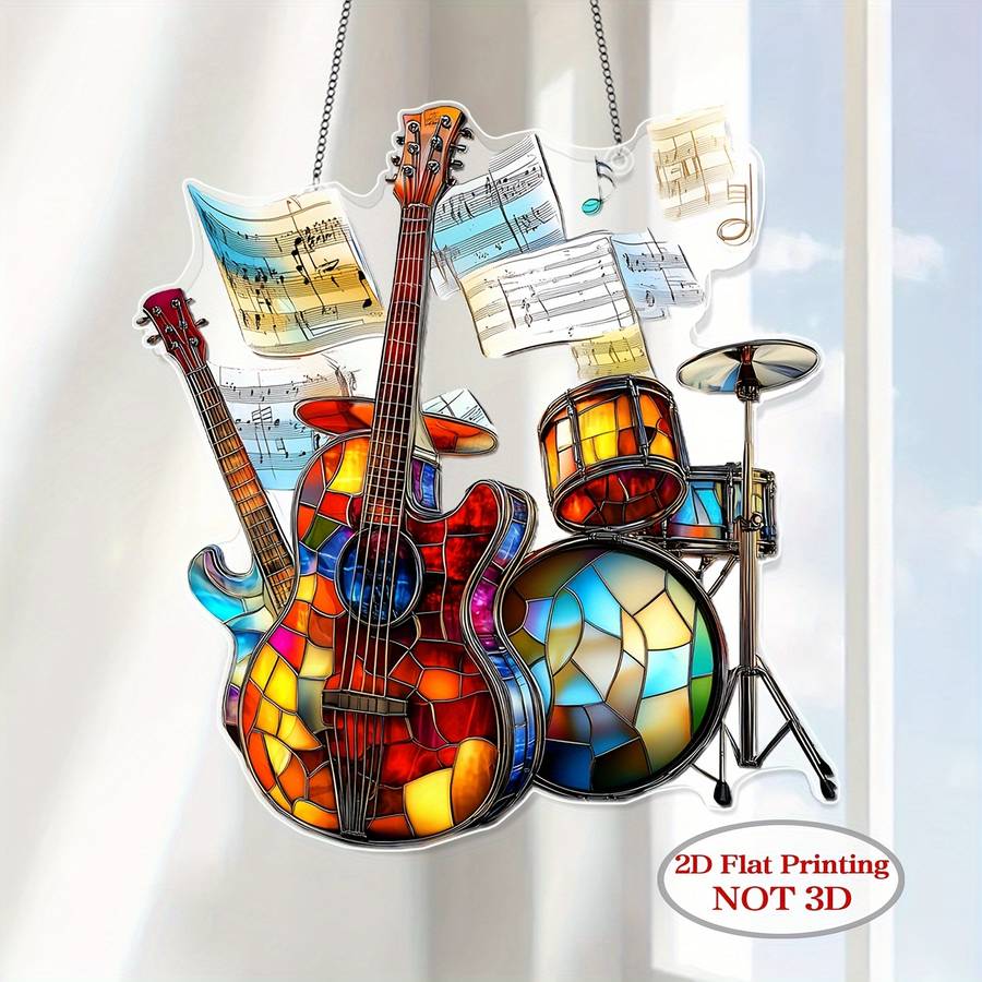 1pc 2D Flat  2D Acrylic Flat Colorful Plastic Guitar and Drum Wall Art with 2D Printing Musi