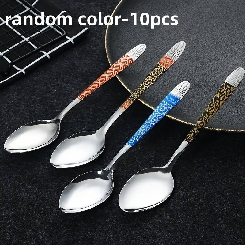 10pcs Elegant Multicolor Stainless Steel Soup Spoons Vintage Print Durable Easy to Clean R