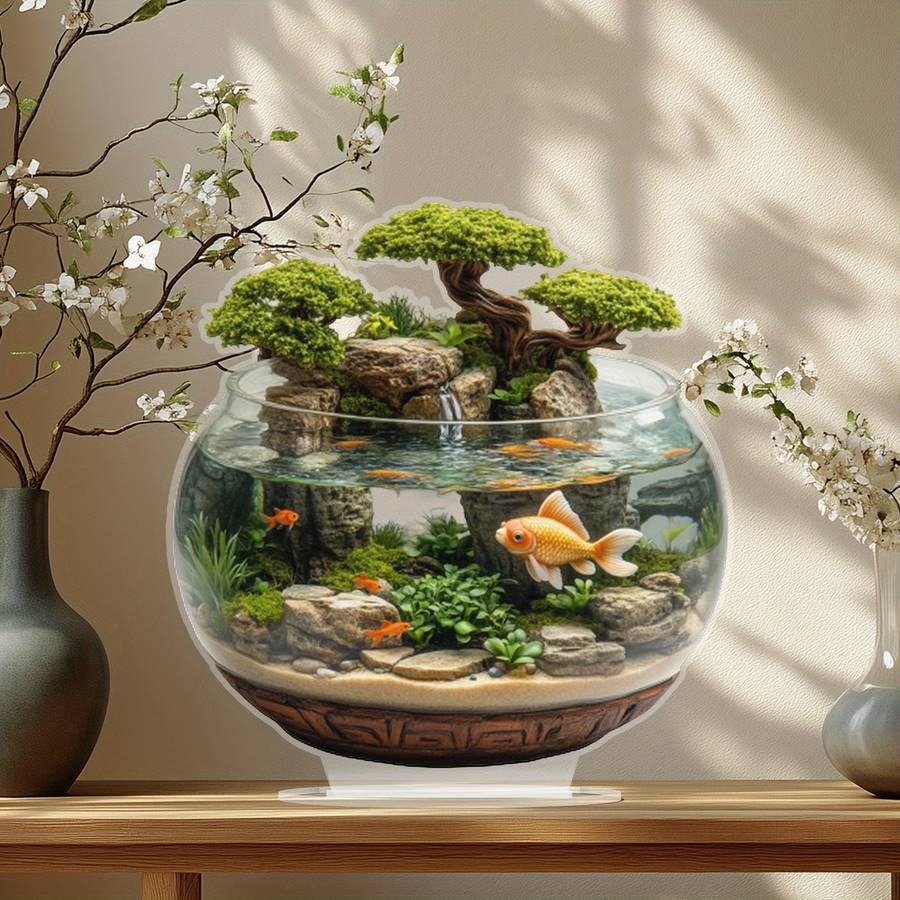 1pc 2D Flat  Acrylic Trim 8-Inch Glass Container with Golden Fish and Artificial Mountain Landscape
