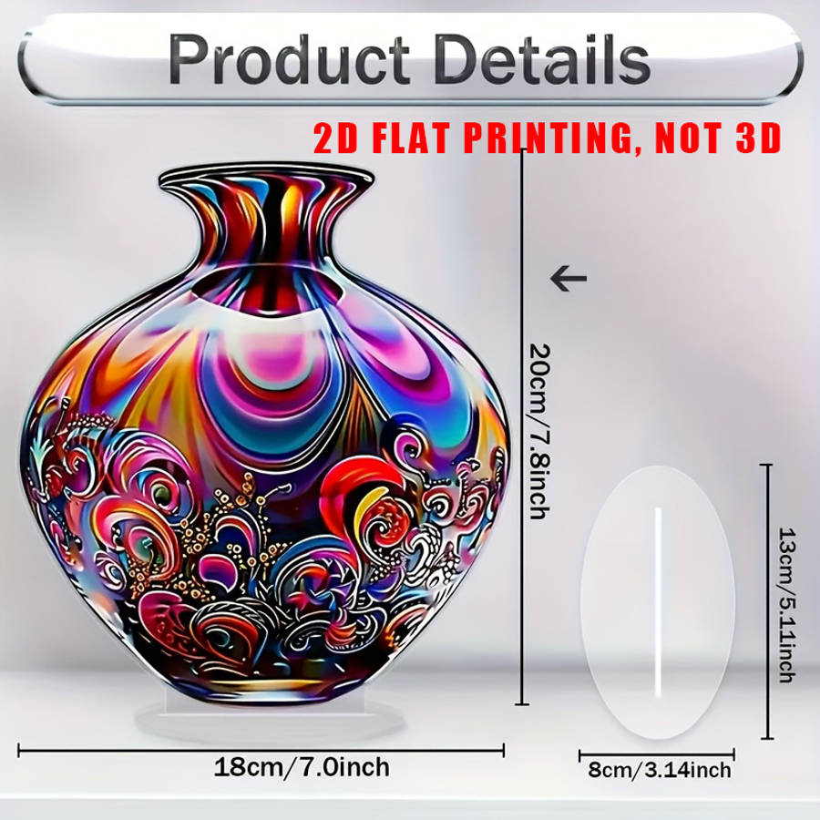 2D Flat Acrylic Vase Vibrant Floral Swirl Design High-Quality Acrylic Desktop Decor