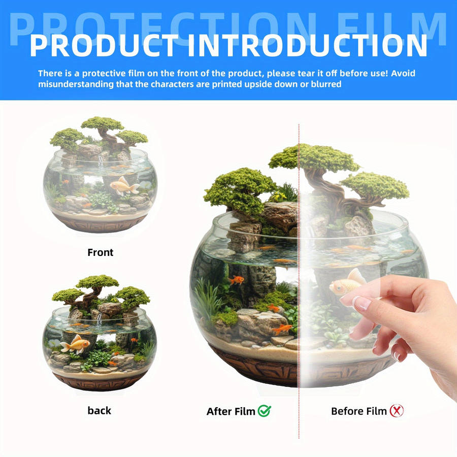 1pc 2D Flat  Acrylic Trim 8-Inch Glass Container with Golden Fish and Artificial Mountain Landscape