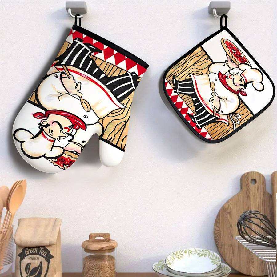 2 piece set Kitchen Oven Gloves and Hot Pads Pizza Chef Design for Kitchen Cooking Baking and