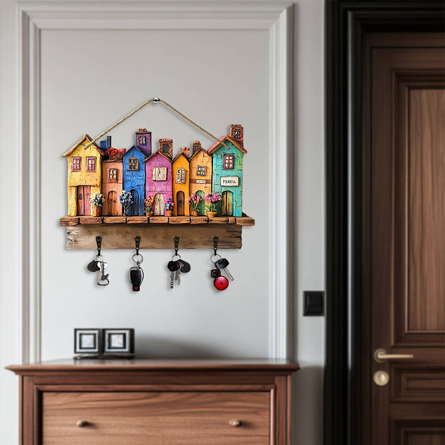 1pc Classic Home Wooden Wall Keychain 29.97cm X 22.86cm with 4 Metal Hooks Multipurpose Home Deco