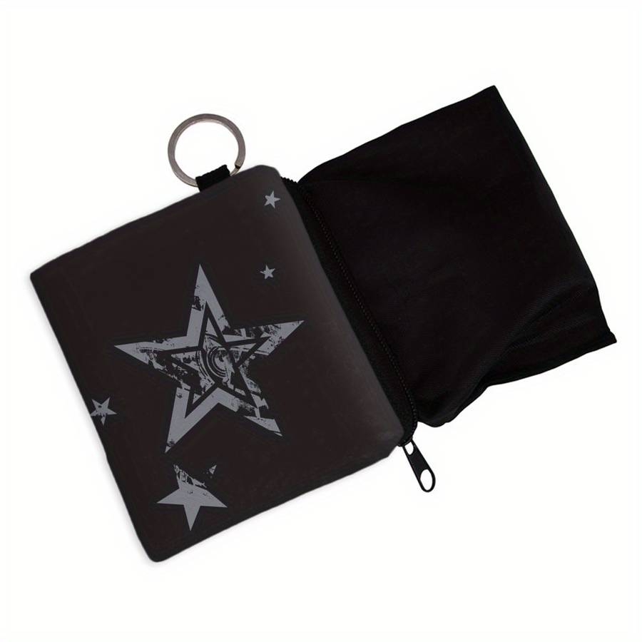 1pc Black Polyester Star Print Coin Purse with Keychain C 3D Pentagram Design Multi-Functional Zip