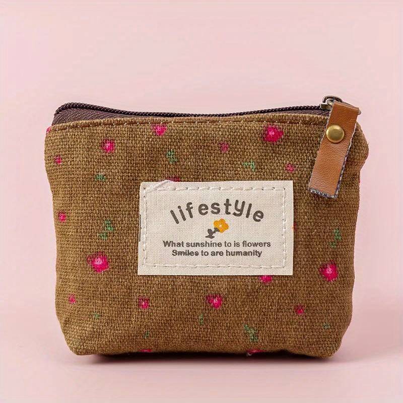 1pc Chic Floral Canvas Coin Purse Key Pouch Compact Zippered Wallet with Earphone Storage Ligh
