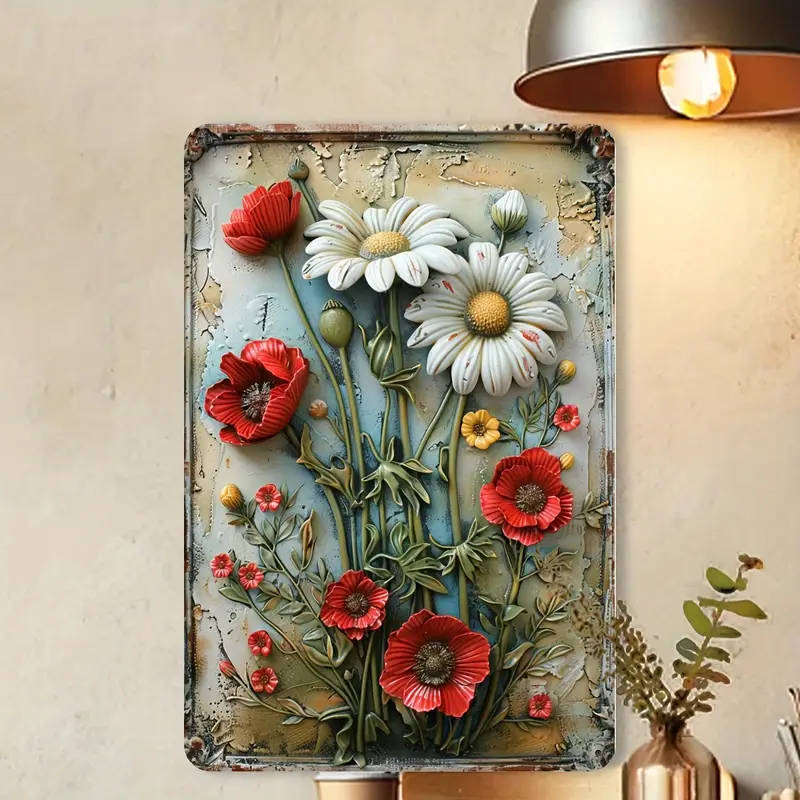 1pc Vintage Floral Iron Wall Art 29.97x19.81cm Retro Daisy Metal Plaque with 3D Embossed Design Rust