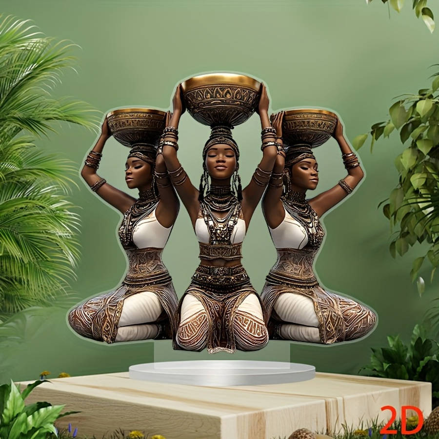 2D Flat Acrylic Solar Collector Base With Three African Women- Bohemian Style Desktop De