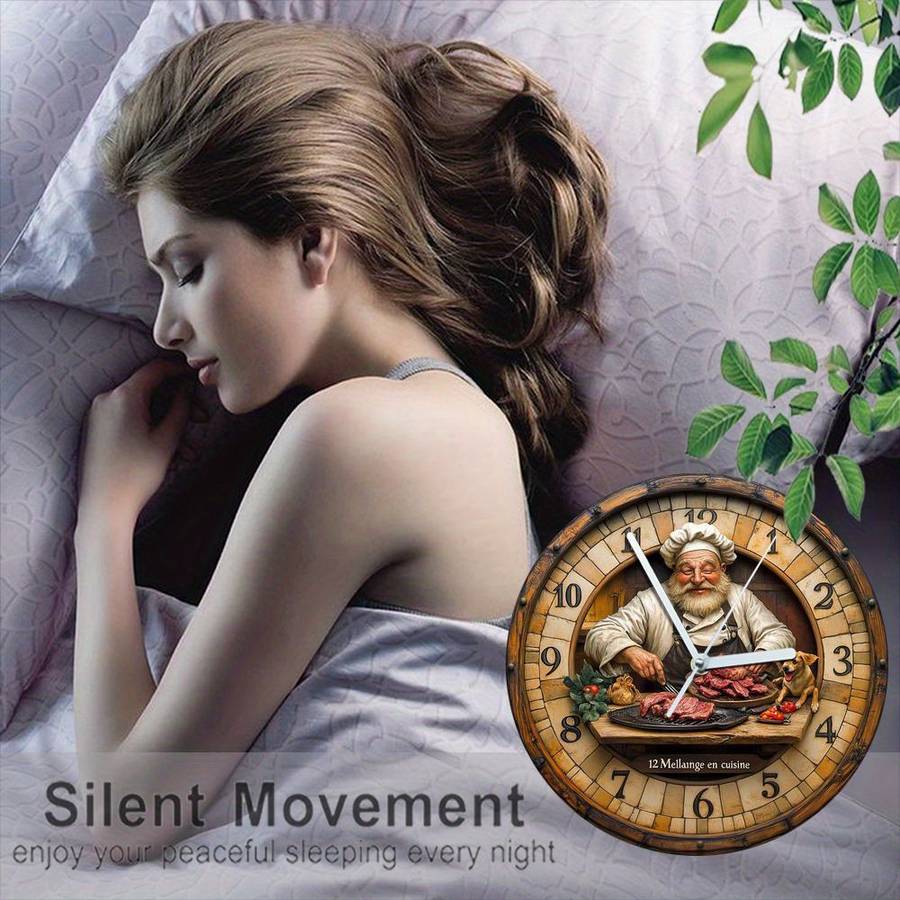 1pc Vintage Chef-Themed Wooden Wall Clock 24.89cm Round Silent Non-Ticking Timepiece Farmhouse Ki