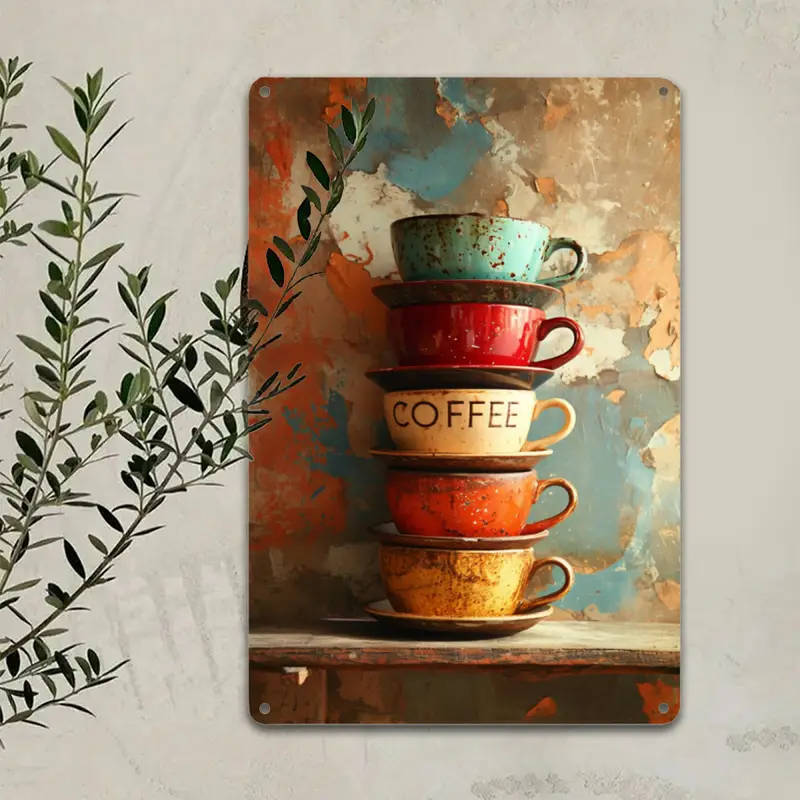 1pc Vintage Style Stacked Coffee Cups Foil Engraving Aluminum Sign Decorative Wall Art for Home Farm