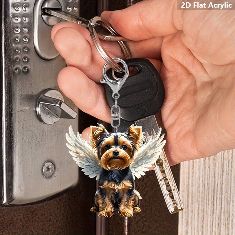 1pc 2D Flat Charming Yorkshire Terrier Acrylic Keychain with Angel Wings Cute  Design Transparent