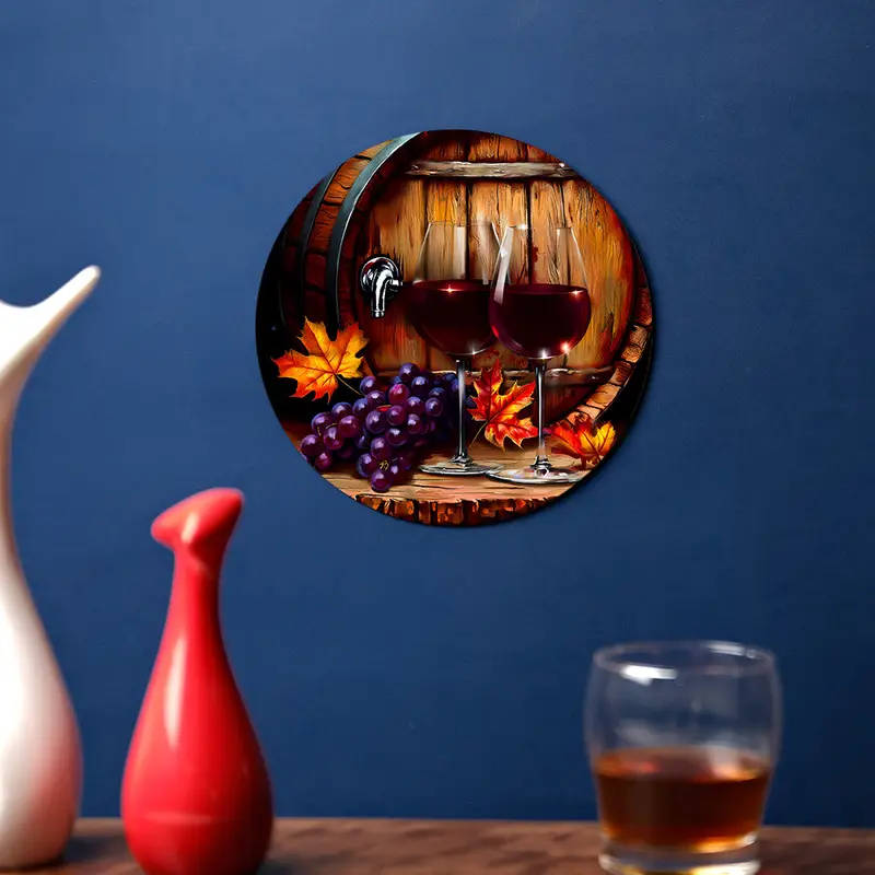 1pc Grapes and Red Wine Theme Decorative Painting Theme Round Aluminum Sign Wall Art Diameter 18.46c