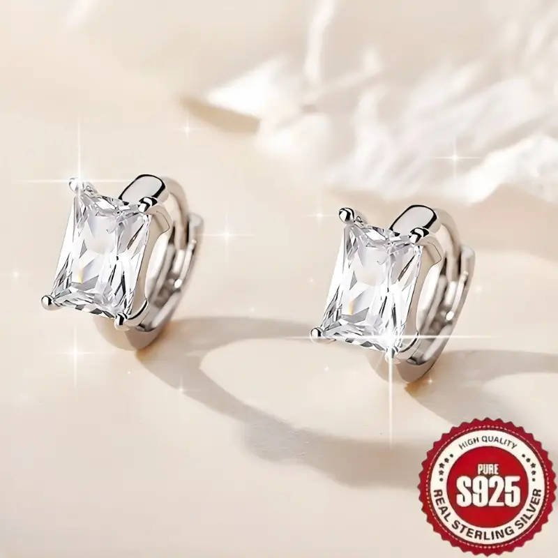 925 Sterling Silver Plated Retro Exquisite French Style, Rectangular Synthetic Zirconia Earrings