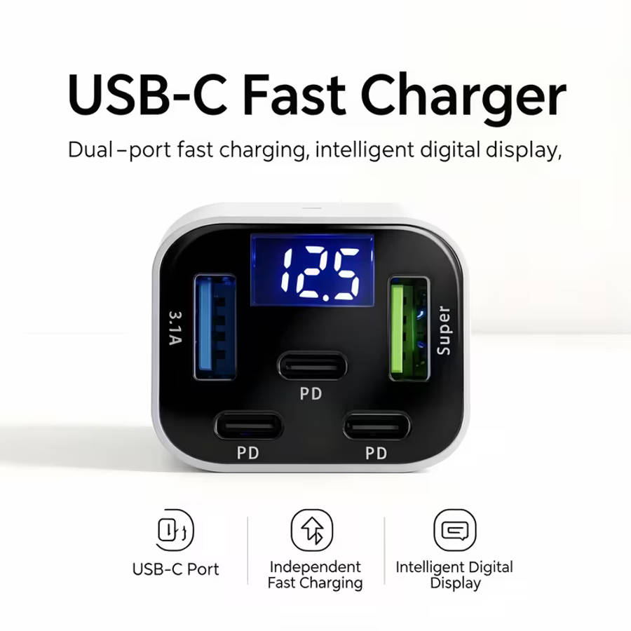 30W PD Car Charger With 5 Quick Charging Ports