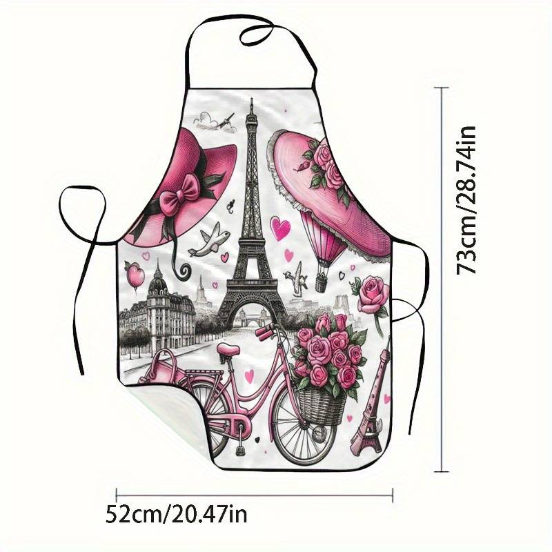 1pc Paris Theme Sleeveless Polyester Apron with Pink Accents Romantic Eiffel Tower Vintage B