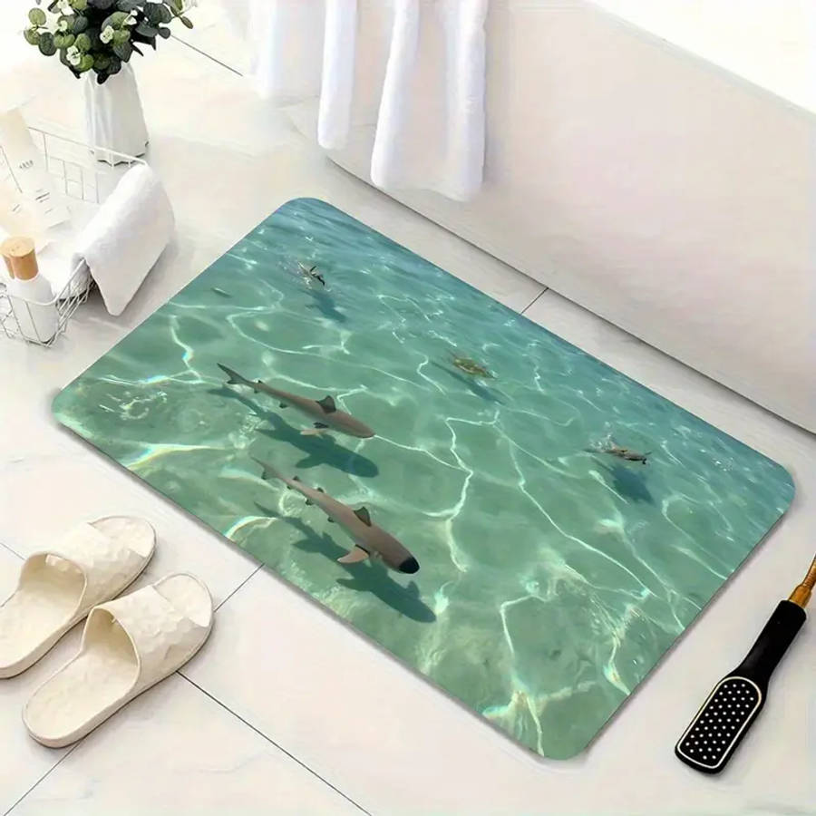 Underwater Shark Pattern Bathroom Anti-Slip Mat, Diatom Mud Floor Rug - Quick-Dry Absorbent