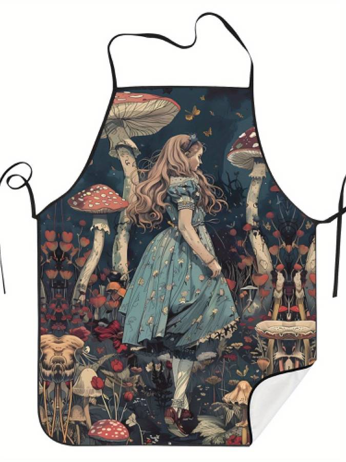 1pc Vintage Style Woven Polyester Apron 100% Polyester Fabric with Whimsical Mushroom and Floral