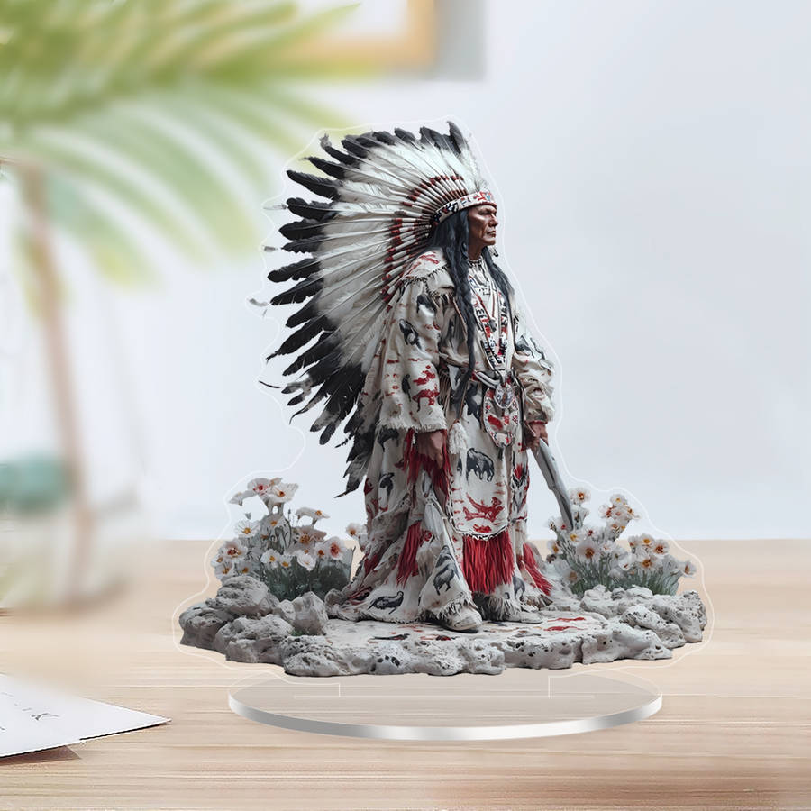 1pc 2D Flat  A  Vintage Acrylic Statue Decoration Featuring Traditional Feather Headdresses And Dr