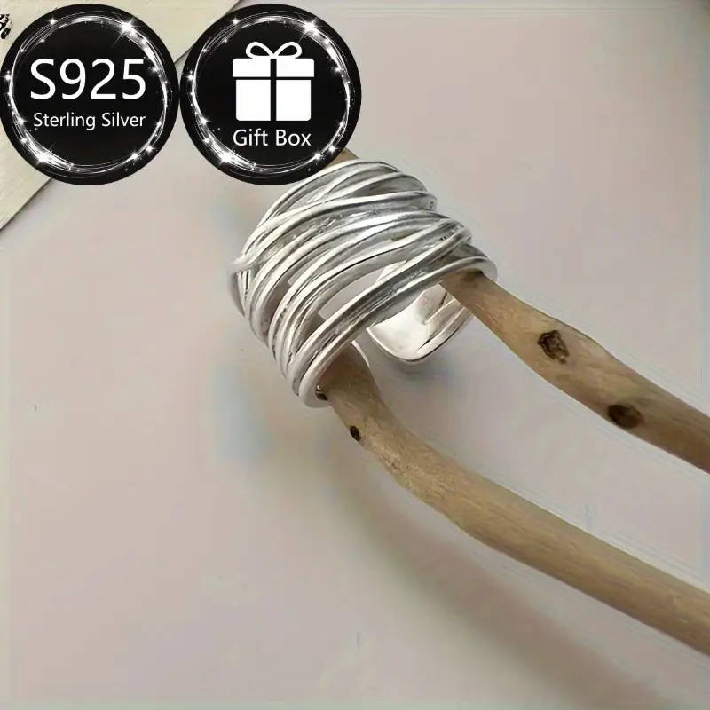 925 Silver Ring, Women's Wire-Wrapped Open Adjustable Matte Wide Thumb Ring