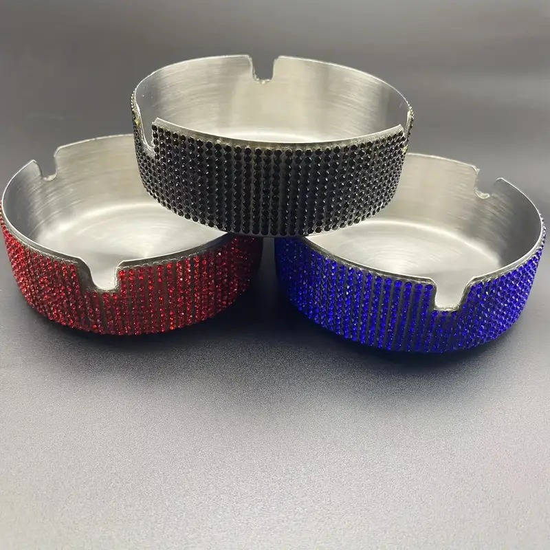 1pc Luxurious Stainless Steel Rhinestone Ashtray with Sparkling Red Blue Rims C Round Design