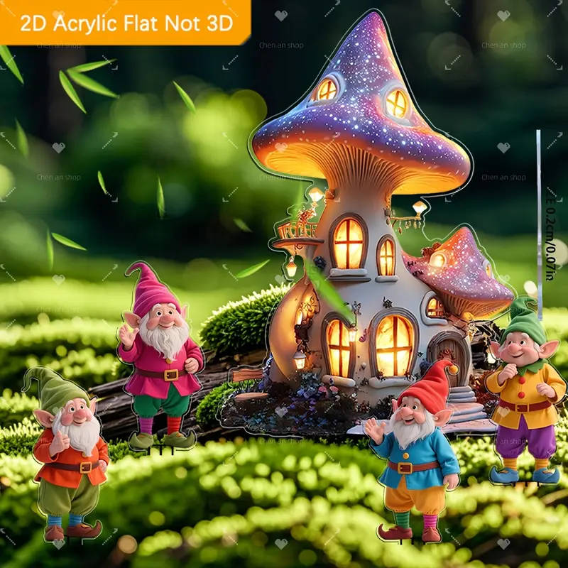2D Flat 5 Pieces Fairy Gnome and Fantasy Mushroom House Acrylic Bohemian Garden Decoration