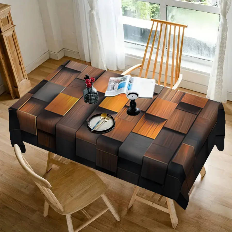 1 Piece Of Brown Square Pattern Printed Tablecloth 140*140cm