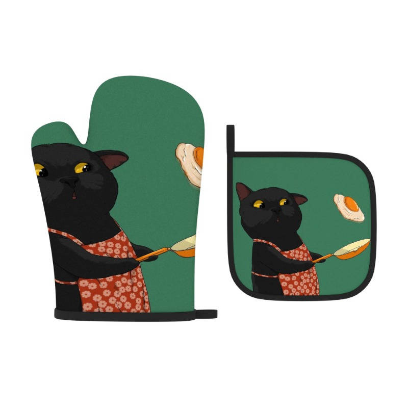 2pcs Cute Black Cat Oven Mitts Pot Holders Heat Resistant Polyester Machine Washable Pl