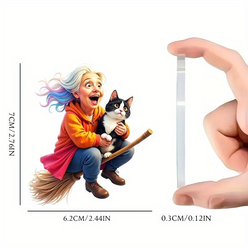 1pc 2D Flat    Whimsical Acrylic Ornament- Grandma on a Broom with a Cat  Perfect for car