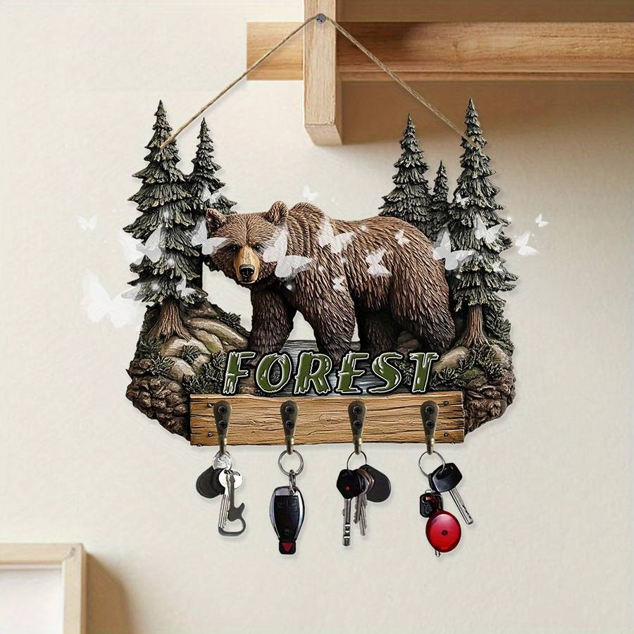 Vintage Forest Bear Wall HookRustic Wooden Key Holder with Brown Bear  Pine Tree Design Perfect