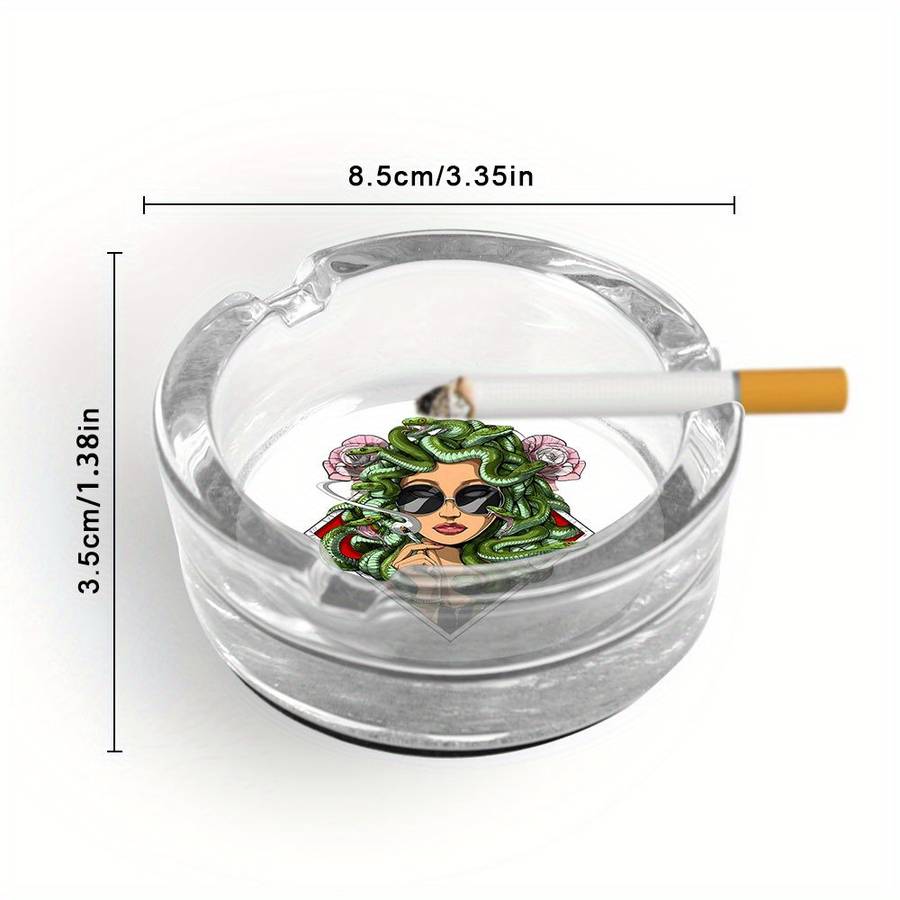 1pc Medusa Art Glass Ashtray with Anti-Slip Base Emerald Serpent Blossom Motif Crystal Clear R